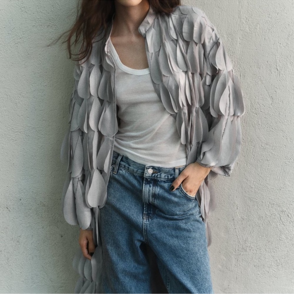 Zara Light Gray Layered Petal-Detail Long Coat - Picture 4 of 14